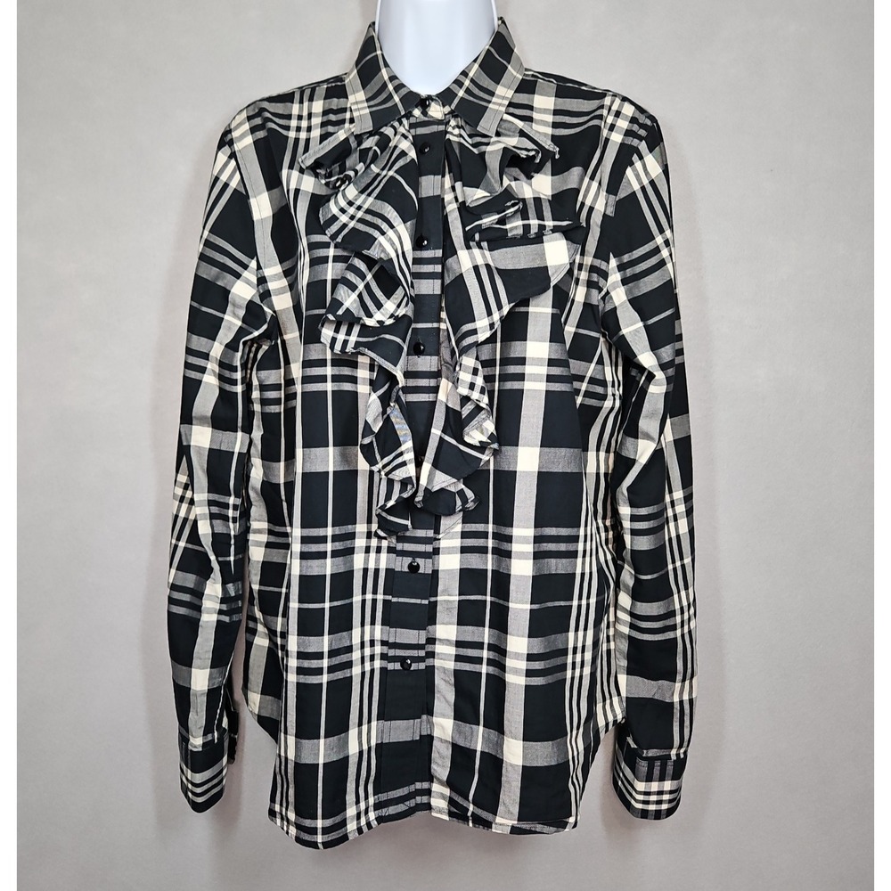 Lauren Ralph Lauren Womens Black Cream Plaid Ruffle Front Blouse Size Large